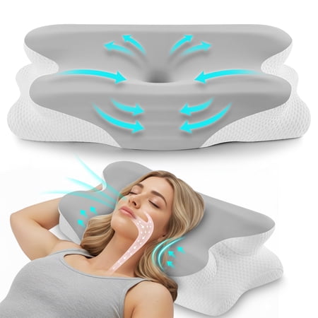MOONORAH Cooling Bed Pillow for Neck and Shoulder Pain, Memory Foam Contour Pillow for Side, Back, Stomach Sleepers with Breathable Cooling Cover - Gray & White