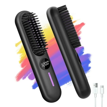 MOONORAH Cordless Hair Straightener Brush with Anion for Women, Electric Portable Ceramic Hot Straightening Comb for Travel with LCD Display & Hair Clips, Fast USB Rechargeable, Anti-Scald, Black