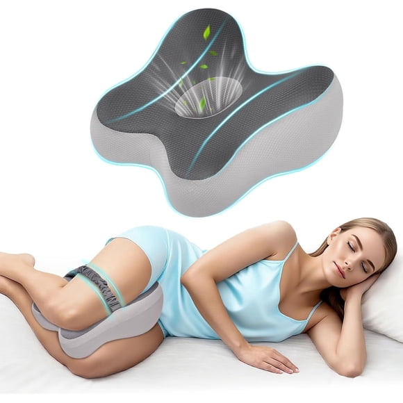 MOONORAH Knee Pillow for Side Sleepers – Memory Foam Leg Pillow for Sciatica, Back & Knee Pain Relief, Ergonomic Contour Cushion with Removable Cover and Elastic Strap, Grey