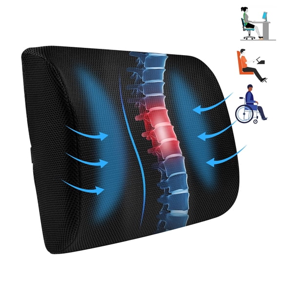 MOONORAH Ergonomic Lumbar Support Pillow Memory Foam Back Cushion for Office & Car, Lower Back Pain Relief, Breathable Mesh Cover, Adjustable Strap, Black