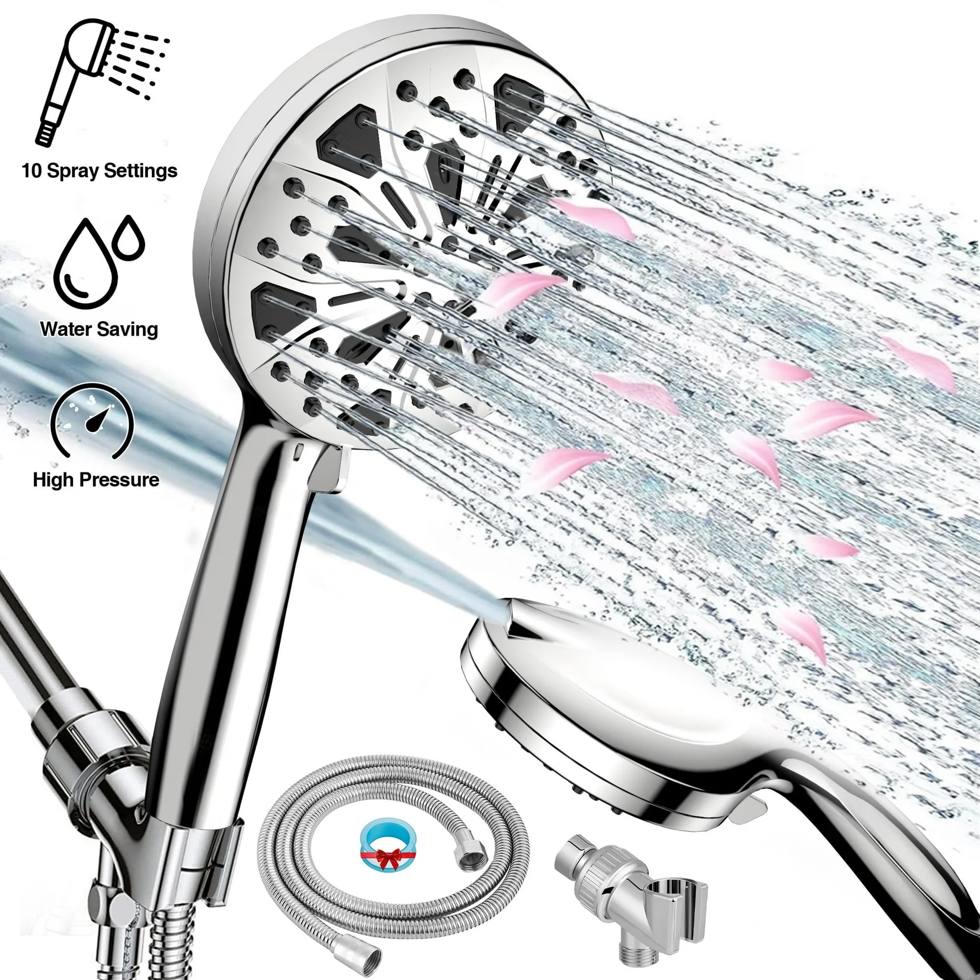 MOONORAH Shower Head, High Pressure Shower Head with 10 Spray Settings, Filtered Shower Head with 59" Stainless Steel Hose and Shower Stand, Drill-Free Design, Silver