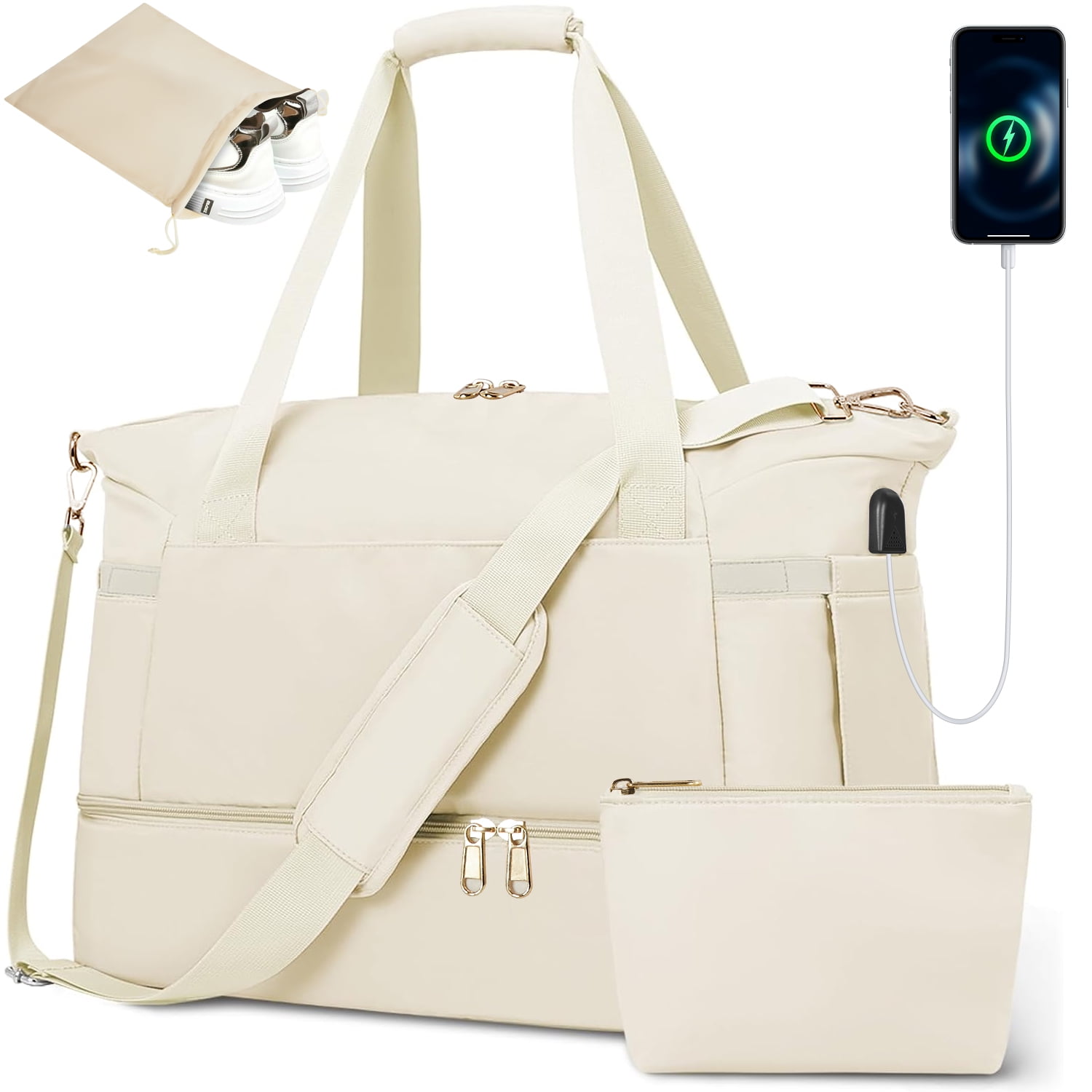 MOONORAH Travel Bag, Gym Bag for Women, Duffel Bag with Shoes Compartment, Shoulder Weekender Bag Carry Bag with Wet Dry Pocket/USB Charging Port for Travel, Airline Approved, Beige
