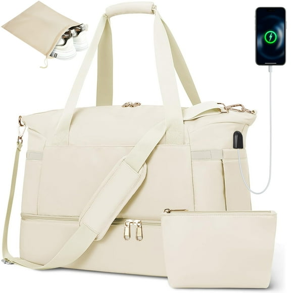 MOONORAH Travel Bag, Gym Bag for Women, Duffel Bag with Shoes Compartment, Shoulder Weekender Bag Carry Bag with Wet Dry Pocket/USB Charging Port for Travel, Airline Approved, Beige