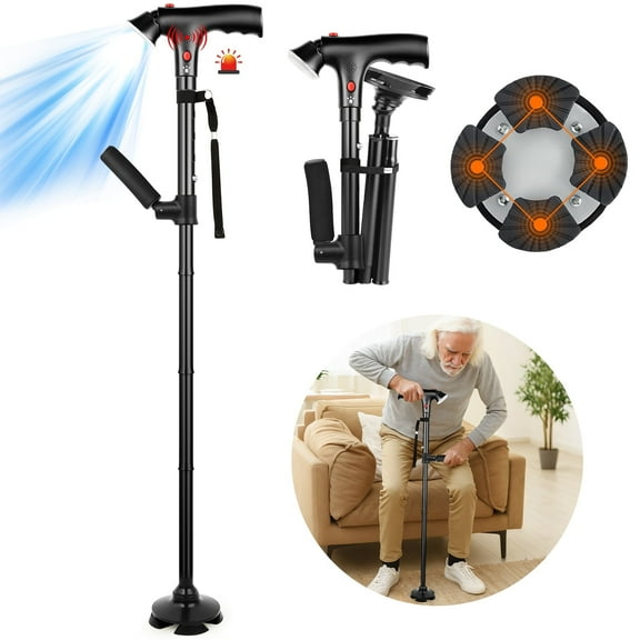 MOONORAH Walking Cane, Adjustable Folding Walking Cane, Lightweight Sticks for Men & Women, Walking Stick Cane for Seniors with Second Handle for Standing, Siren, 360 Pivoting 4-Pronged Base, Black