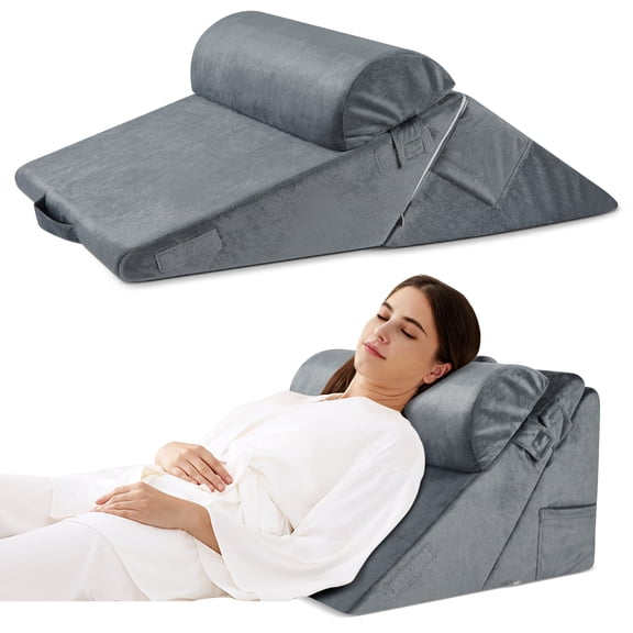 MOONORAH Wedge Pillow for Sleep Apnea, Adjustable Wedge Pillow Headboard, Bed Wedge Pillow for Acid Reflux and Back Pain Relief, Pillow Wedge for Sleeping with Neck Support Pillow, Flannel, Grey