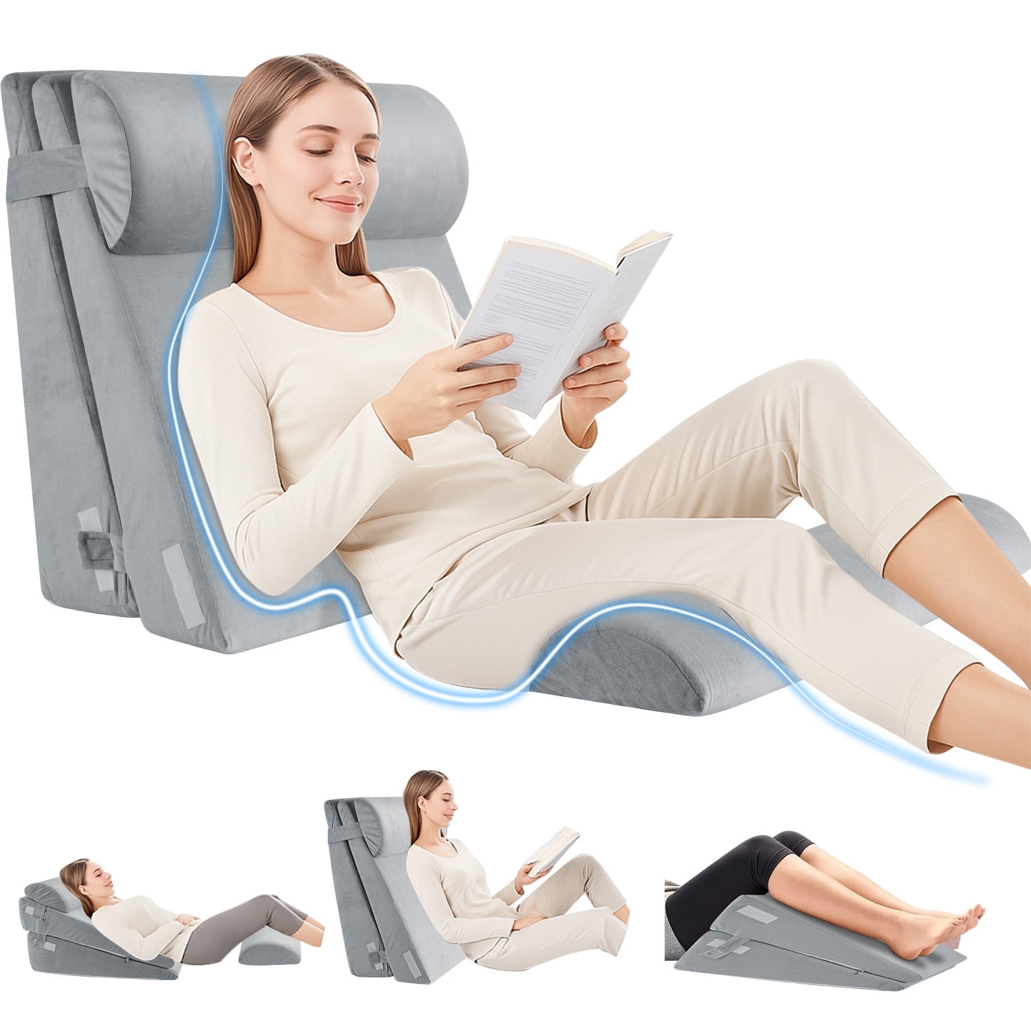 MOONORAH Wedge Pillow for Sleep Apnea, Adjustable Wedge Pillow Headboard, Bed Wedge Pillow for Back, Neck, Leg Pain Relief, Pillow Wedge for Sleeping, Acid Reflux with Neck Support Pillow, Grey