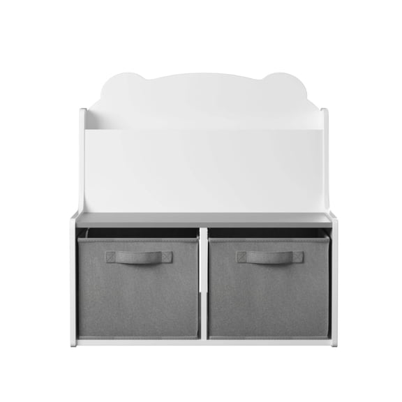MOONRIVER Wooden Bookcase with Book Display Shelf and 2 Fabric Bins, Cute Bear-Shaped Backboard, White and Gray