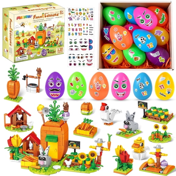 MOONTOY 12-in-1 Easter Building Blocks Toy Set, Carrot Farm with Bunny, Hen & Tulips, 12 DIY Prefilled Easter Eggs with 4 Stickers, Easter Gifts for Kids, Easter Basket Stuffers for Boys Girls 6 7 8 