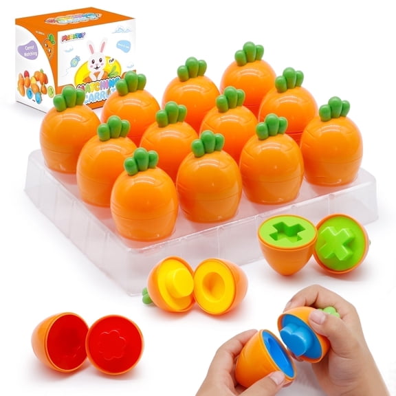 MOONTOY 12PCS Carrot Matching Eggs, Egg Toy for 1 2 3 Year Old Easter Party Favors Educational Shape Sorter Montessori Sensory Preschool Classroom Easter Gifts for Kids Boys Girls 12+ Months