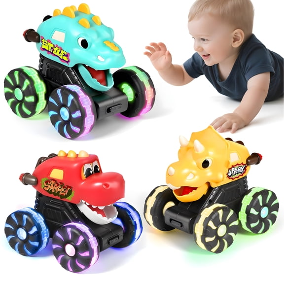 MOONTOY 3 Pack Light Up Monster Truck for 1 Year Old Dinosaur Toys, Press and Go Car Toy for Toddler Age 1 2 3 , 1st Birthday Boy Gifts, for Boys and Girls