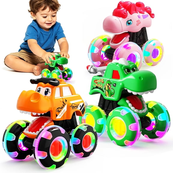 MOONTOY 3 Pack Monster Truck Toys for Toddlers 1-3, Press & Go Cars with Flashing LED Wheels & Moving Mouth, Dinosaur Cars for 2 3 4 One Two Year Old Boy Birthday Gifts