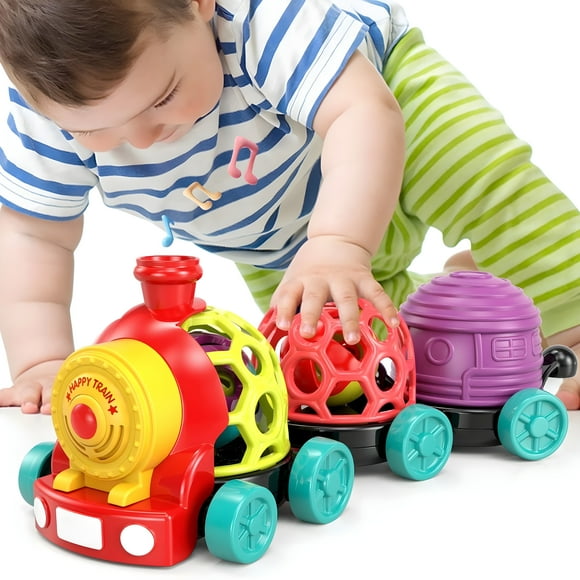 MOONTOY Toddler Train Toys for 1 Year Old Boy Birthday Gift, Musical Push Go Baby Car Toys for Toddlers 1-3 0-2, Infant Soft Cars Baby Boy Toys 6-12 Month, Infant Rattle 5 6 7 8 9 10 11 12 Month
