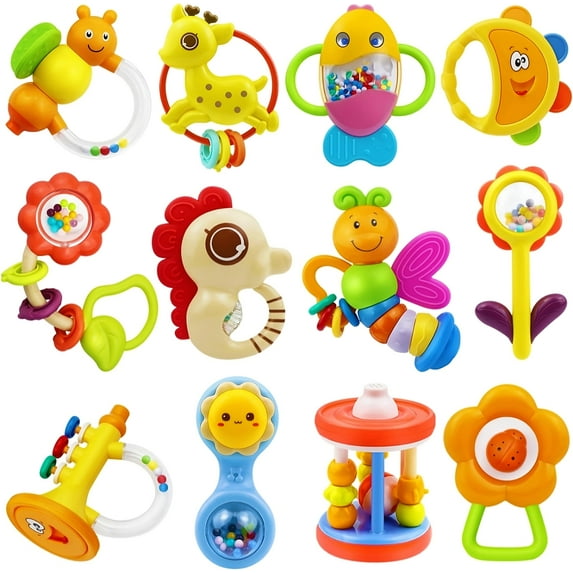 MOONTOY 12pcs Baby Rattles for Babies 0-6 Months Teething Toys 3-6 Months Newborn Infant Teethers Baby Toys 6-12 Months, Montessori Baby Easter Basket Stuffers Gifts 1 2 3 4 5 6 7 9 10 Month Boy Girl