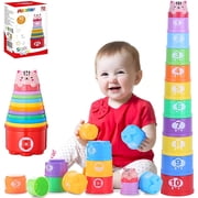 MOONTOY Stacking Cups Baby Toys 6 10 12 18 Months, Montessori Toys for 1 Year Old, Baby Bath Toys 6-12 Months, Cause and Effect Toys with Numbers Shapes Patterns, Birthday Gifts for 1 2 3 Year