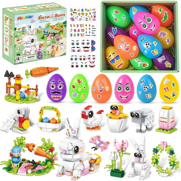MOONTOY 12-in-1 Easter Building Blocks Toy Set, Carrot Farm with Bunny, Hen & Tulips, 12 DIY Prefilled Easter Eggs with 4 Stickers, Easter Gifts for Kids, Easter Basket Stuffers for Boys Girls 6 7 8+