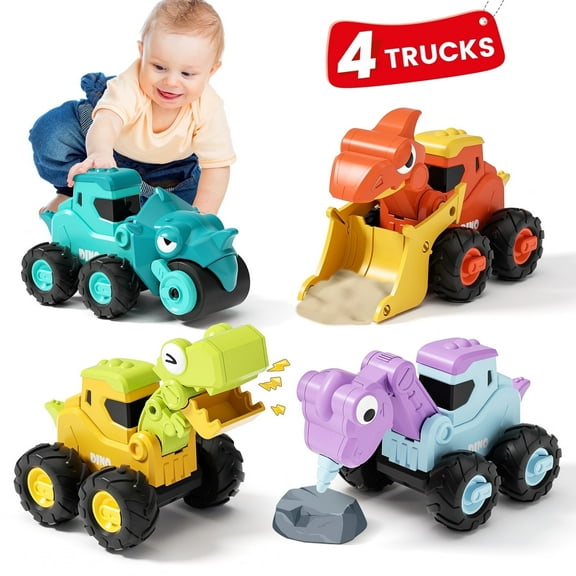 MOONTOY Dinosaur Truck Toys for Toddlers, Toy Cars for 1 2 3 Year Old Boys Girls, Construction Play Vehicle Set, Sandbox Toys, Birthday Gift for 1 2 3 4 5 Years Old