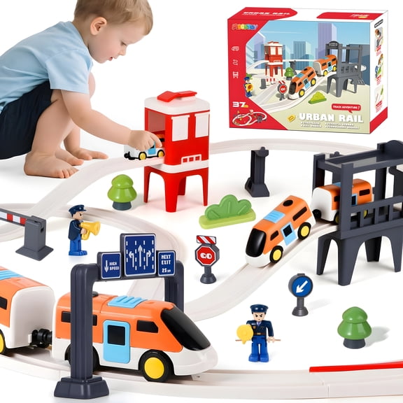 MOONTOY Train Set for Kids, 37 Pcs Electric Train Toy with 3 Cars(Magnetic Connection), Bridge, Urban Elements, DIY Train Tracks Toy for 3 4 5 6 Years Old Boys Girls, Christmas Birthday Gifts