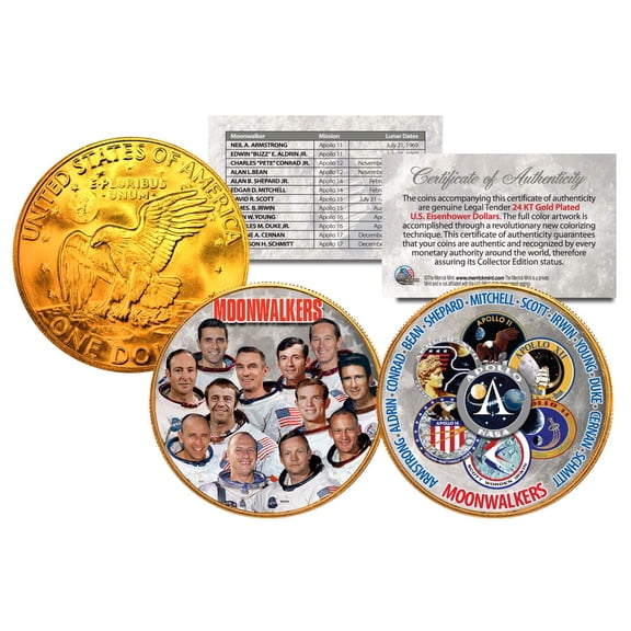 MOONWALKERS Apollo NASA Astronauts IKE Dollars 2-Coin Set 24K Gold Plated SPACE