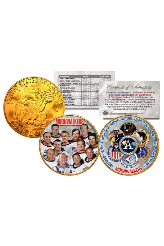 MOONWALKERS Apollo NASA Astronauts IKE Dollars 2-Coin Set 24K Gold Plated SPACE