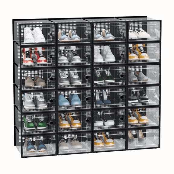 MOONXIAN 24 Pack Clear Plastic Shoe Storage Boxes, Stackable Foldable Shoe Organizer Bins , Fit Up to Men US 9 / Women US 10 Sneakers High Heels, Space Saving Shoe Containers for Closet Entryway