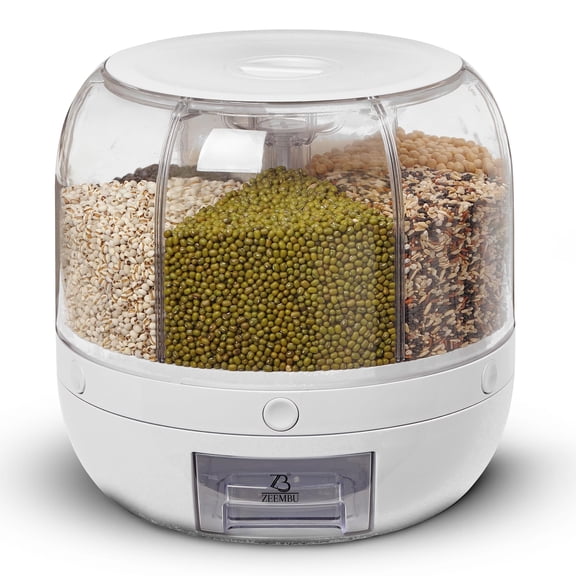 MOONXIAN 6 Grid 360 Rotatable Rice Storage Container Airtight Cereal Grain Dispenser, Kitchen Countertop Dry Food Storage Bin w/ Measuring Cup, Moisture-Proof Rice Bucket for Rice, Beans, Pet Food