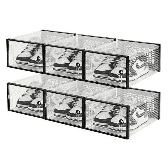 MOONXIAN 6Pack  Stackable Clear Shoe Storage Organizer Boxes, Foldable Dustproof Shoe Containers with Front Access Door, Holds Up to Men US 9 Women US 10 Footwear