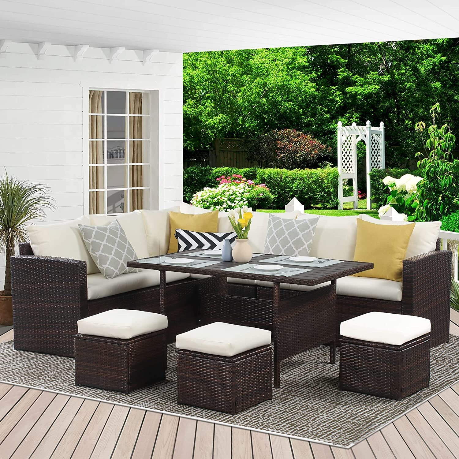 MOOOTTO 7Pieces PE Rattan Wicker Patio Dining Sectional Cusions Sofa