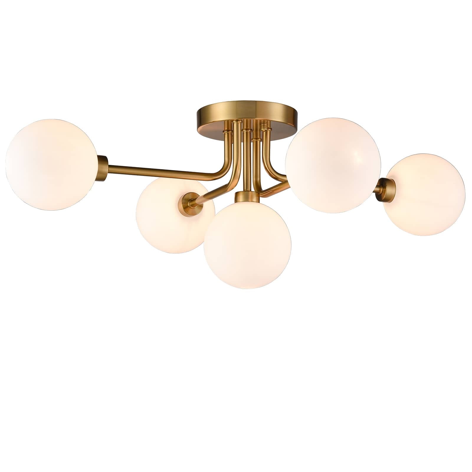 MOOSE 5-Light Gold Semi Flush Mount Ceiling Light with Globe Milk Glass Shade