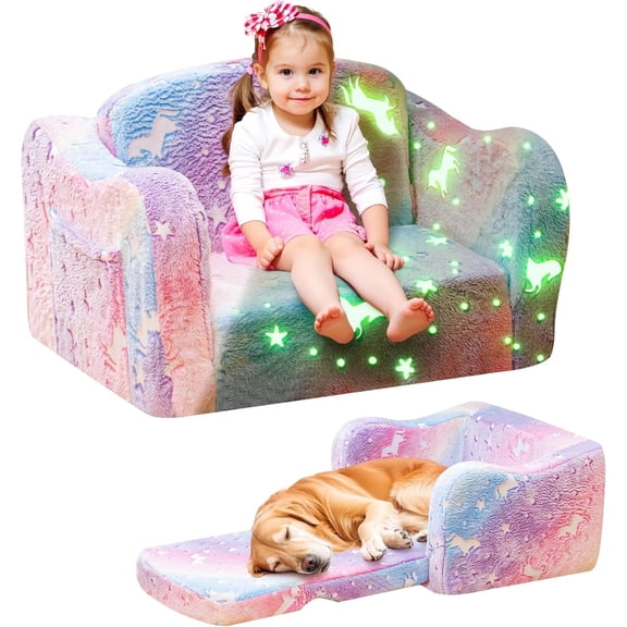 MOOSENG 2-in-1 Foldable Toddler Sofa Chair Bed,Kids Couch with Unicorn Design, Convertible Foam Floor Lounger for Playroom, Bedroom, Girls & Boys