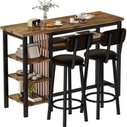MOOSENG 3-Piece Bar Table and Chairs Set,Kitchen Counter Table with 2 PU Upholstered Bar Stools, Bistro Table with 3-Tier Storage Shelves, Space Saving for Smal
