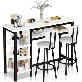 MOOSENG 3-Piece Bar Table and Chairs Set, Faux Marble Kitchen Counter Table with 2 PU Upholstered Bar Stools, Bistro Table with 3-Tier Storage Shelves, Space Saving for Small Space