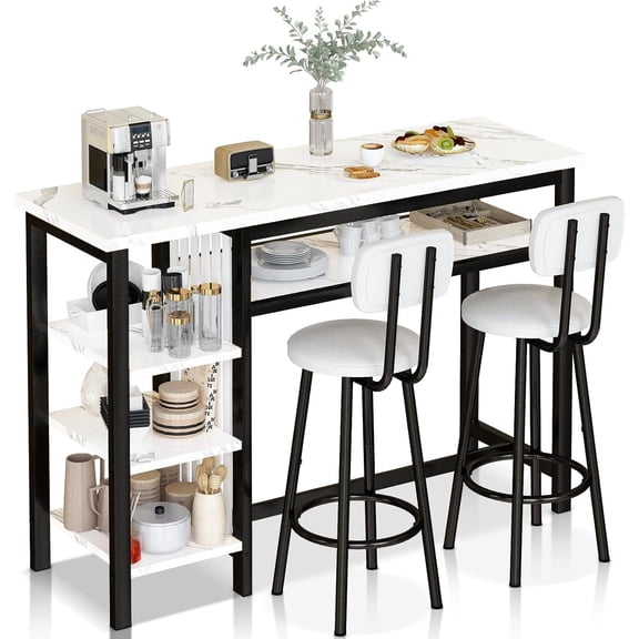 MOOSENG 3-Piece Bar Table and Chairs Set, Faux Marble Kitchen Counter Table with 2 PU Upholstered Bar Stools, Bistro Table with 3-Tier Storage Shelves, Space Saving for Small Space