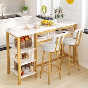 MOOSENG 3-Piece Bar Table and Chairs Set, Faux Marble Kitchen Counter Table with 2 PU Upholstered Bar Stools, Bistro Table with 3-Tier Storage Shelves, Space Saving for Small Space