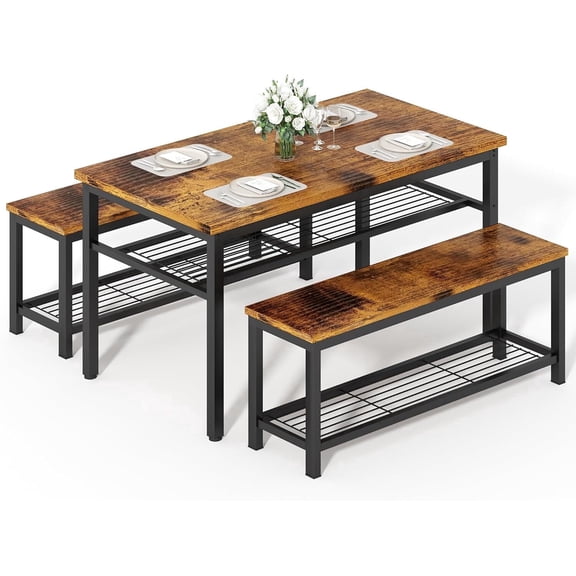 MOOSENG 3-Piece Dining Table Set with 2 Benches Storage Shelves and Dinner Table Kitchen Table for Space-Saving Design for Dining Room & Kitchen Dining Furniture Sets Table Rustic Brown