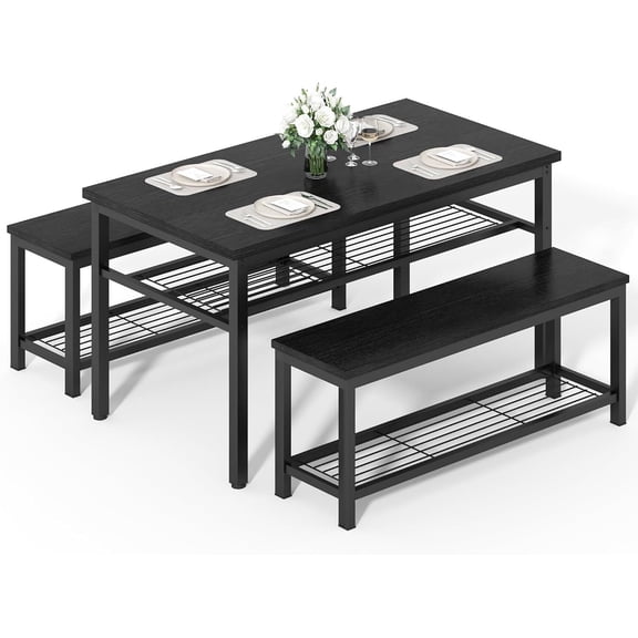 MOOSENG 3-Piece Dining Table Set with 2 Benches Storage Shelves and Dinner Table Kitchen Table for Space-Saving Design for Dining Room & Kitchen Dining Furniture Sets Table Black