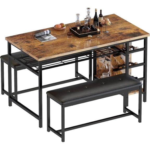 MOOSENG 3 Piece Dining Table Set 53 Inch Kitchen Table with 2 Upholstered Benches Dinner Table with Wine Rack Glass Holder and Storage Shelf 3 Piece Dinette Table