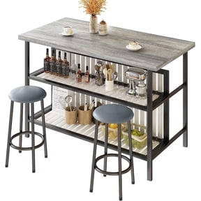 MOOSENG 3-Piece Kitchen Island Set with Storage, Wooden Bar Table and 2 Stools, Industrial Modern Counter Height Dining Table Sets for Small Spaces, Dining Room Gray