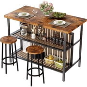 MOOSENG 3-Piece Kitchen Island Set with Storage, Wooden Bar Table and 2 Stools, Industrial Modern Counter Height Dining Table Sets for Small Spaces, Dining Room