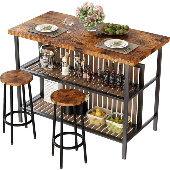 MOOSENG 3-Piece Kitchen Island Set with Storage, Wooden Bar Table and 2 Stools, Industrial Modern Counter Height Dining Table Sets for Small Spaces, Dining Room Walnut