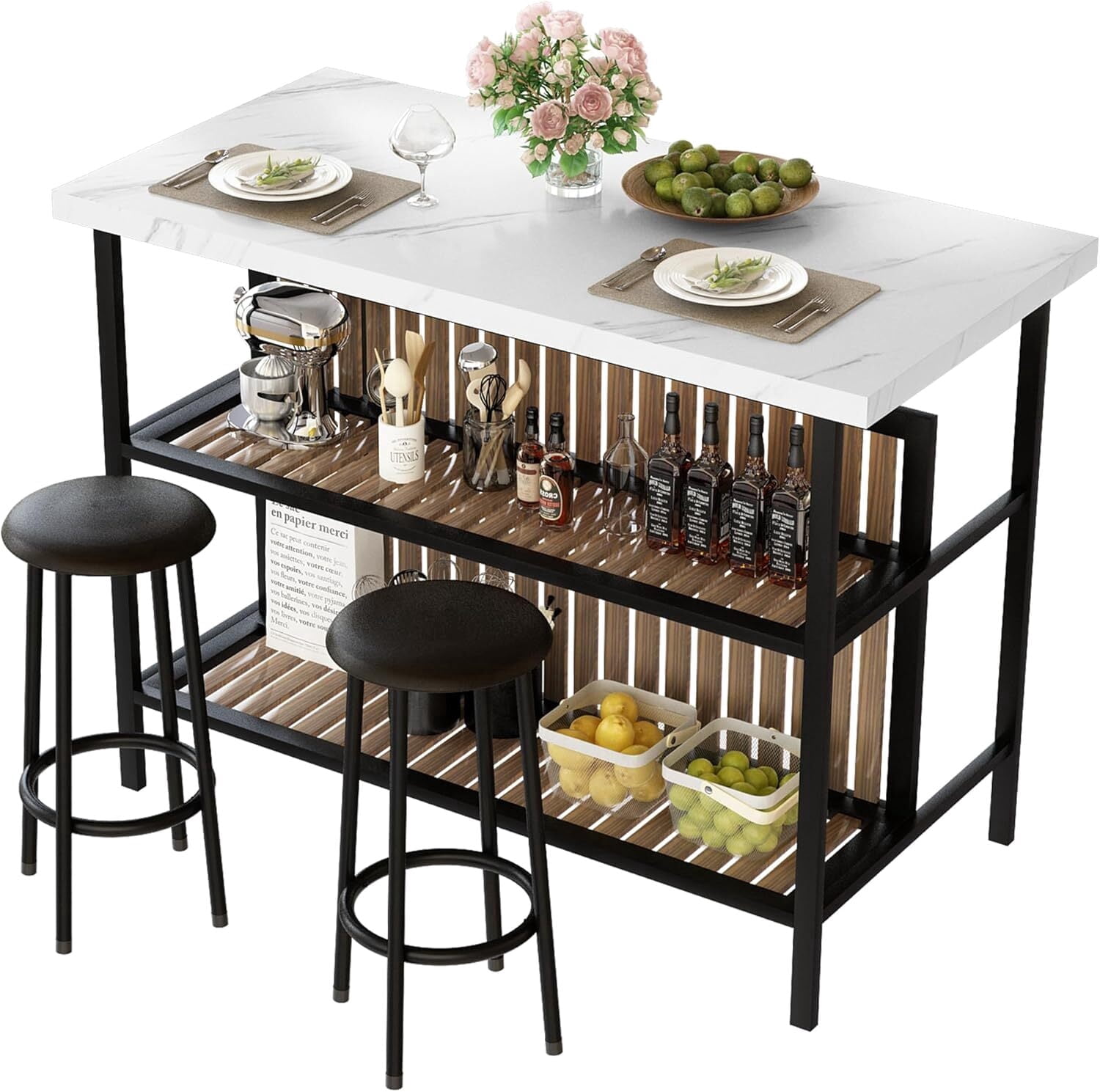 MOOSENG 3-Piece Kitchen Island Set with Storage, Wooden Bar Table and 2 ...