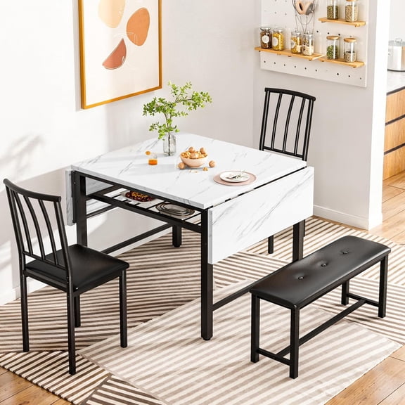 MOOSENG 4-Piece Dining Table Set for 3-6, 63" Extendable Kitchen Table Set with Bench and 2 Chairs, Drop Leaf Dining Table Set with Faux Wood Top, Space Saving for Small Dining Room