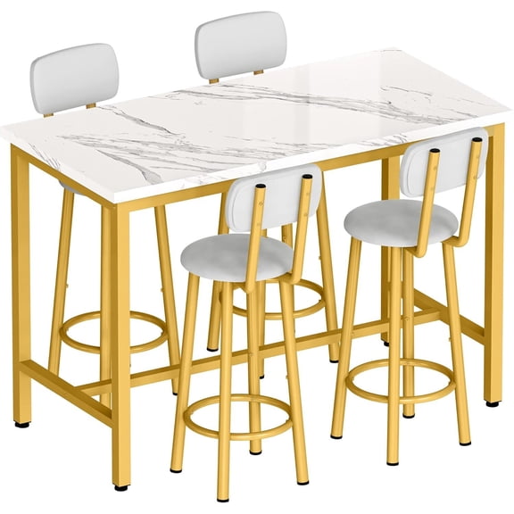MOOSENG 4-Piece Faux Marble Counter Height Bar Table Dining Set with Metal Frame & 4 PU Stools, Space-Saving for Kitchen, Restaurant, Small Apartment Gold