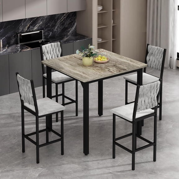MOOSENG 5-Piece Counter Height Dining Table Set, Square Kitchen Table Set for 4 & 4 Velvet Bar Stools, Modern High Top Compact Dining Set Table for Small Spaces Gray