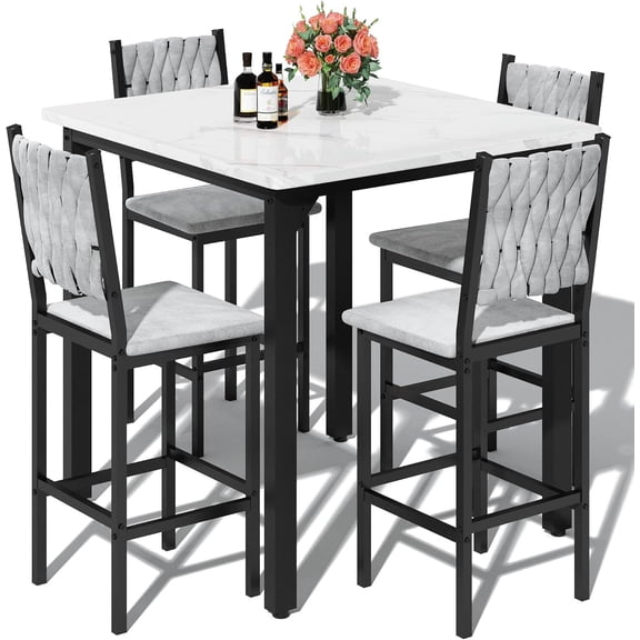 MOOSENG 5-Piece Counter Height Dining Table Set, Square Kitchen Table Set for 4 & 4 Velvet Bar Stools, Modern High Top Compact Dining Set Table for Small Spaces White