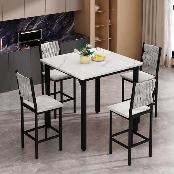 MOOSENG 5-Piece Counter Height Dining Table Set, Square Kitchen Table Set for 4 & 4 Velvet Bar Stools, Modern High Top Compact Dining Set Table for Small Spaces White