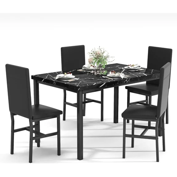 MOOSENG 5 Piece Dining Table Set for 4, Faux Marble Kitchen Table and Chairs for 4, Modern Dining Room Table with 4 Chairs, Dinner Table Set for Small Spaces, Black