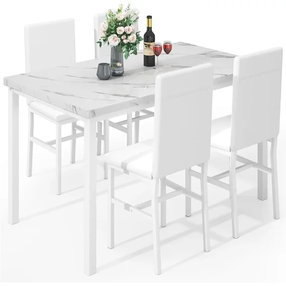 MOOSENG 5 Piece Dining Table Set for 4, Faux Marble Kitchen Table and Chairs for 4, Modern Dining Room Table with 4 Chairs, Dinner Table Set for Small Spaces White