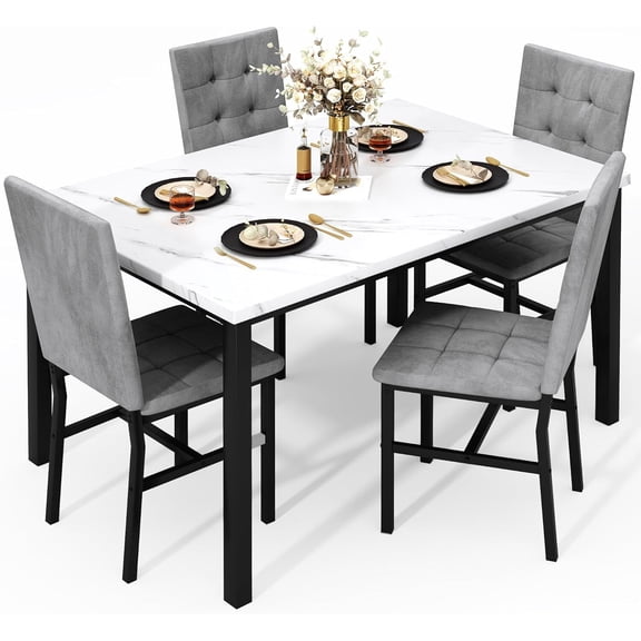 MOOSENG 5-Piece Dining Table Set with Faux Marble Top, Modern Kitchen Table and Set of 4 Grey Velvet Upholstered Chairs, Space-Saving Dinette Set for Small Spaces
