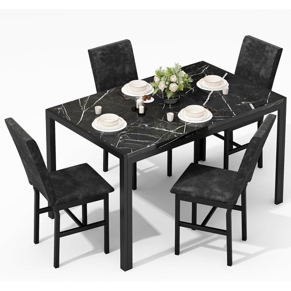 MOOSENG 5-Piece Dining Table Set with Faux Marble Top, Modern Kitchen Table and Set of 4 Grey Velvet Upholstered Chairs, Space-Saving Dinette Set for Small Spaces