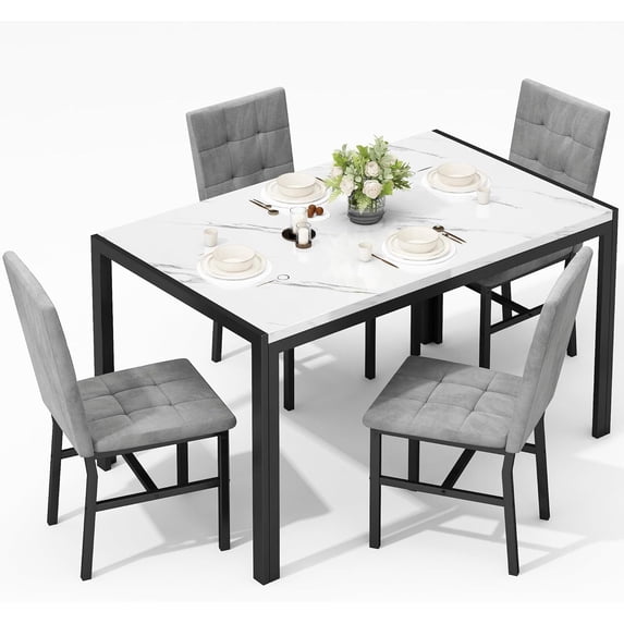 MOOSENG 5-Piece Dining Table Set with Faux Marble Top, Modern Kitchen Table and Set of 4 Grey Velvet Upholstered Chairs, Space-Saving Dinette Set for Small Spaces